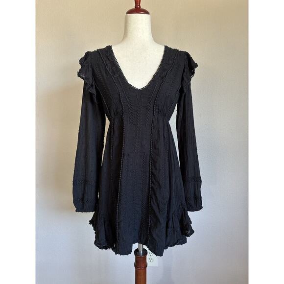 Free People Isabella Mini Dress Womens 0‎ Embroidered Black Cotton Boho - Picture 1 of 13